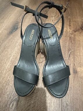 Arezzo Black Leather Ankle-Strap Sandals